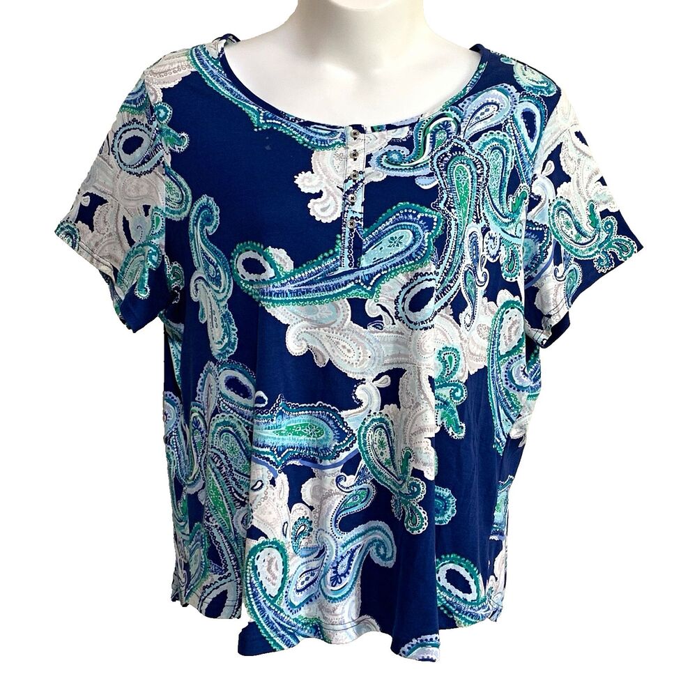 Croft & Barrow Classic Tee Women's 2X Plus Blue Paisley Cotton Round Neck Top